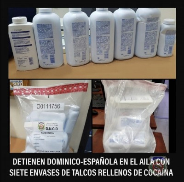 Detienen dominico-española en el AILA con siete envases de talcos rellenos de cocaína